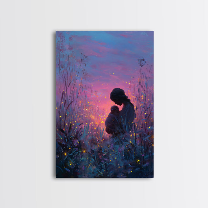 Twilight Mother And Baby In Firefly Meadow Canvas Print, Celestial Nursery Wall Art, Fantasy Decor, Gift For Mom, Bedroom Decor