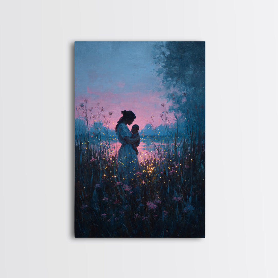Blue Dusk Mother And Child By Lake Wall Art, Firefly Meadow Painting, Celestial Nursery Decor, Spiritual Gift For Mom, Art Print