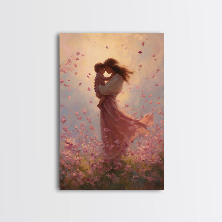Mother Kissing Baby In Pink Blossom Field Framed Canvas Print, Romantic Wall Art, Nursery Decor, Gift For Her And Mom, Bedroom Decor