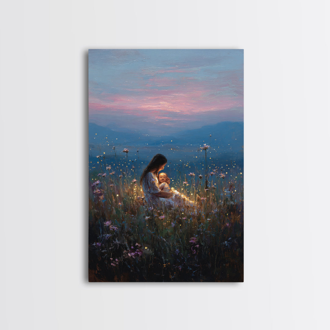 Glowing Mother And Baby In Mountain Meadow Canvas Print, Serene Landscape Wall Art, Nursery Decor, Spiritual Gift For Mom