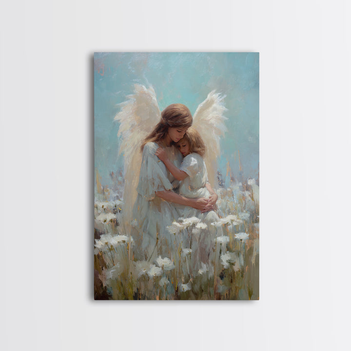 Guardian Angel Hugging Child In White Flower Field Wall Art, Spiritual Canvas Print, Christian Nursery Decor, Gift For Mom