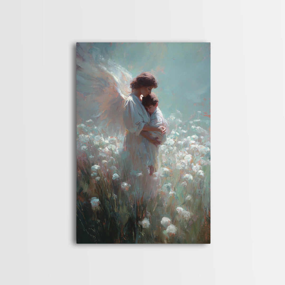Angel Mother Holding Child In Soft White Meadow Framed Canvas Print, Spiritual Wall Art, Christian Nursery Decor, Gift For Mom