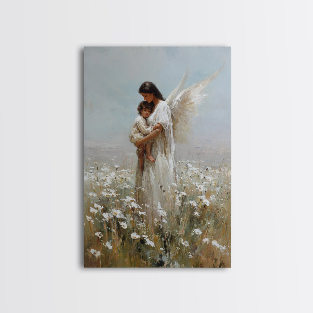 Dark Haired Guardian Angel With Child In Daisy Field Wall Art, Religious Canvas Print, Christian Nursery Decor, Gift For Mom
