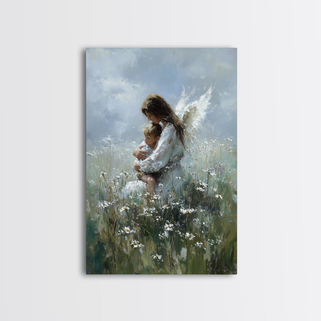 Angel Embracing Child In Wild Daisy Meadow Canvas Print, Soft Spiritual Wall Art, Christian Nursery Decor, Gift For Mom, Bedroom Decor