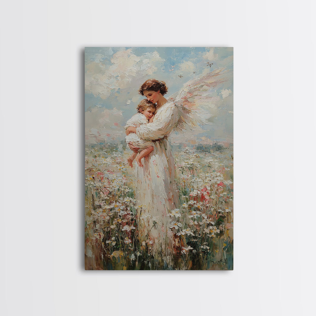 Textured Angel Mother Holding Baby In Wildflower Field Wall Art, Impressionist Canvas Print, Christian Nursery Decor, Gift For Mom
