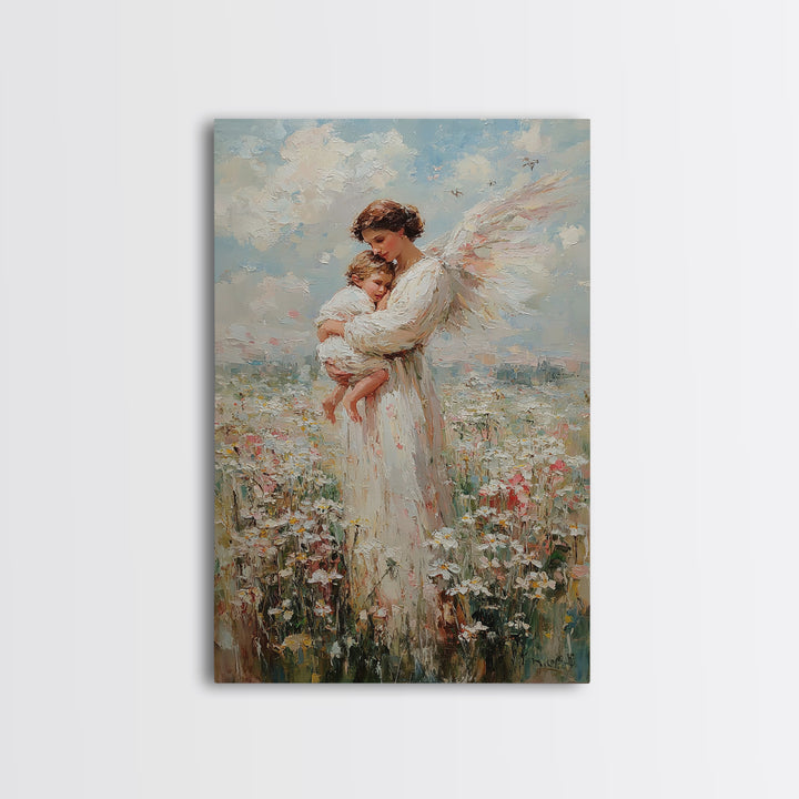 Textured Angel Mother Holding Baby In Wildflower Field Wall Art, Impressionist Canvas Print, Christian Nursery Decor, Gift For Mom
