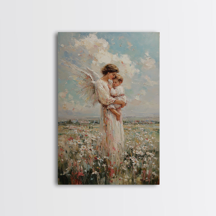 Angel Mother And Baby In Wildflower Meadow Wall Art, Christian Nursery Decor, Motherhood Gift, Fine Art Print, Serene Home Decor