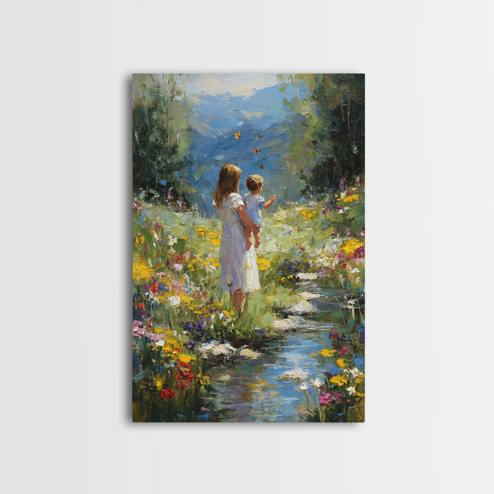 Mother And Child By Mountain Stream Wall Art, Wildflower Landscape Painting, Nature Wall Art, Nursery Decor, Housewarming Gift