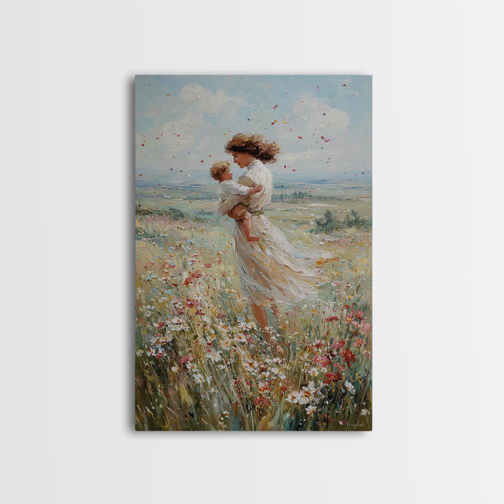 Windswept Mother Holding Baby In Daisy Field Framed Canvas Print, Floral Wall Art, Motherhood Gift, Romantic Bedroom Art