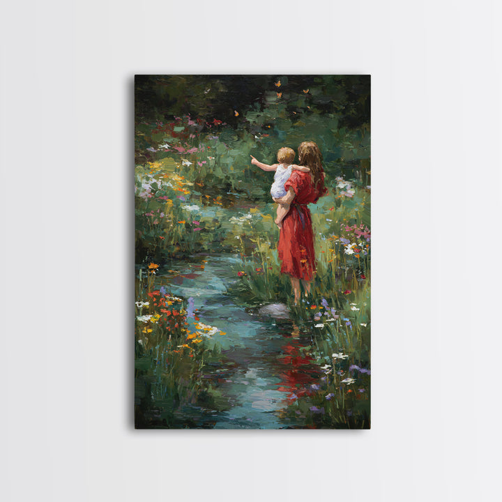 Mother In Red Dress With Child By Garden Stream Wall Art, Moody Floral Art, Nature Wall Decor, Gift For Her, Fine Art Print