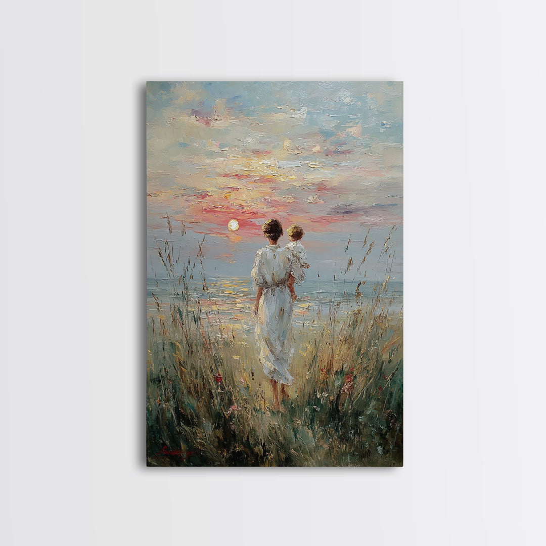 Mother And Child Watching Sunset Over Lake Framed Canvas Print, Coastal Wall Art, Serene Bedroom Decor, Motherhood Gift, Fine Art Print