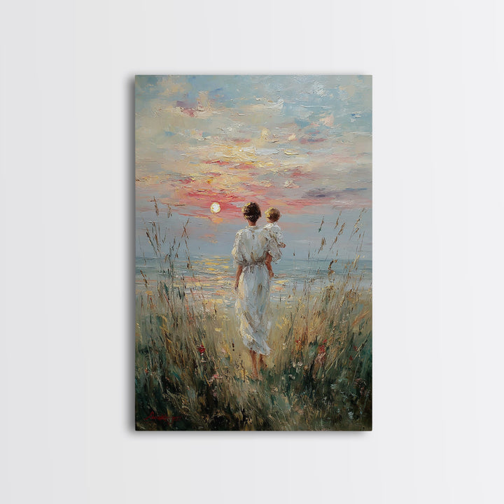 Mother And Child Watching Sunset Over Lake Framed Canvas Print, Coastal Wall Art, Serene Bedroom Decor, Motherhood Gift, Fine Art Print
