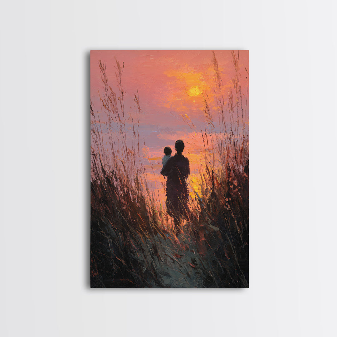 Silhouette Mother And Baby At Orange Sunset Canvas Print, Coastal Wall Art, Romantic Bedroom Decor, Gift For Mom, Sunset Art