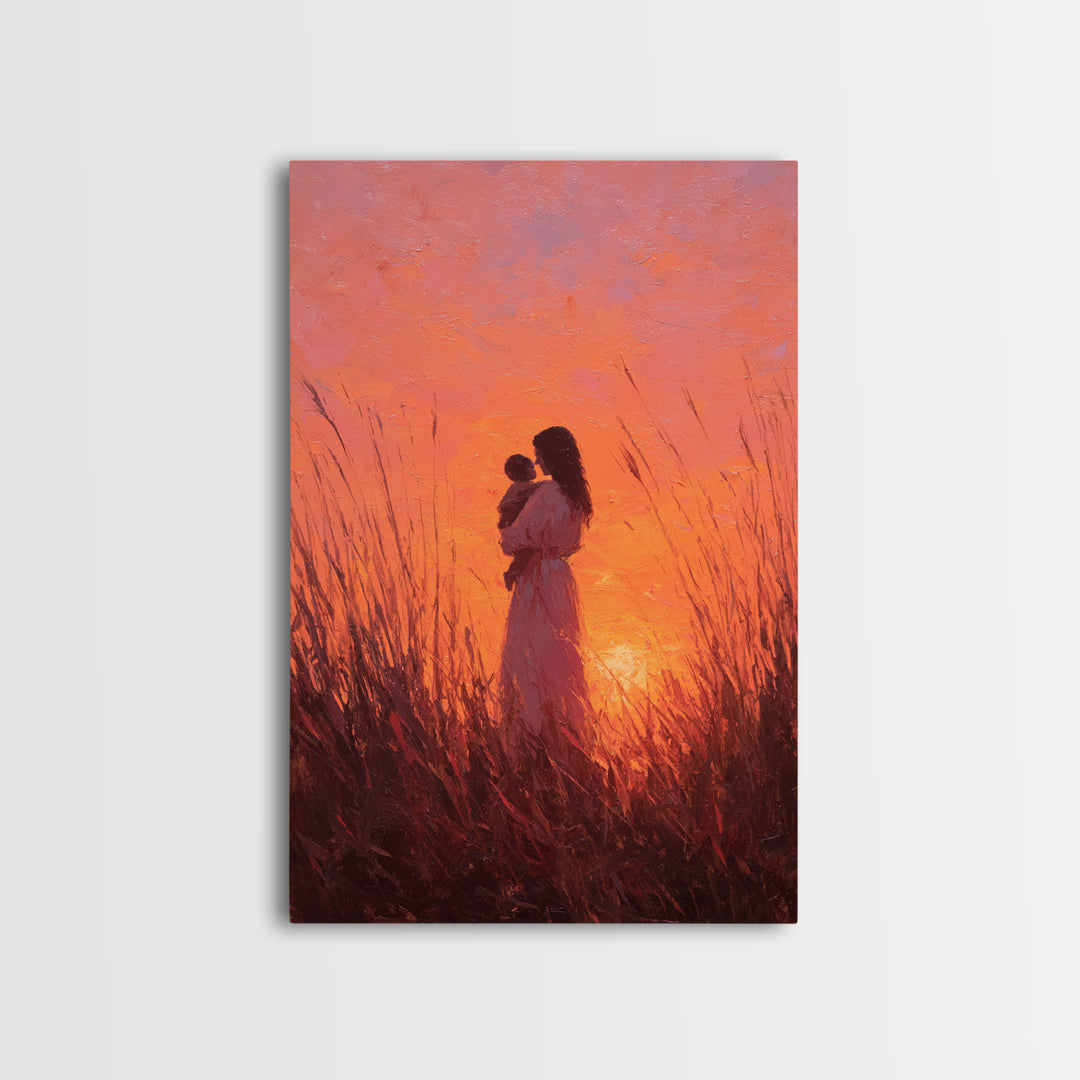 Mother And Baby In Fiery Sunset Grass Canvas Print, Romantic Wall Art, Warm Orange Decor, Nursery Wall Art, Gift For Her
