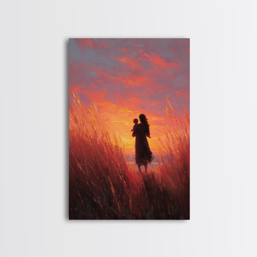Mother And Baby Sunset Meadow Wall Art, Impressionist Oil Painting Print, Feminine Nursery Decor, Gift For Mom, Living Room Decor