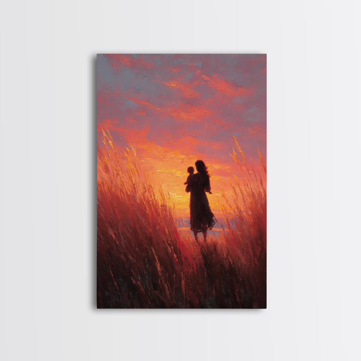 Mother And Baby Sunset Meadow Wall Art, Impressionist Oil Painting Print, Feminine Nursery Decor, Gift For Mom, Living Room Decor