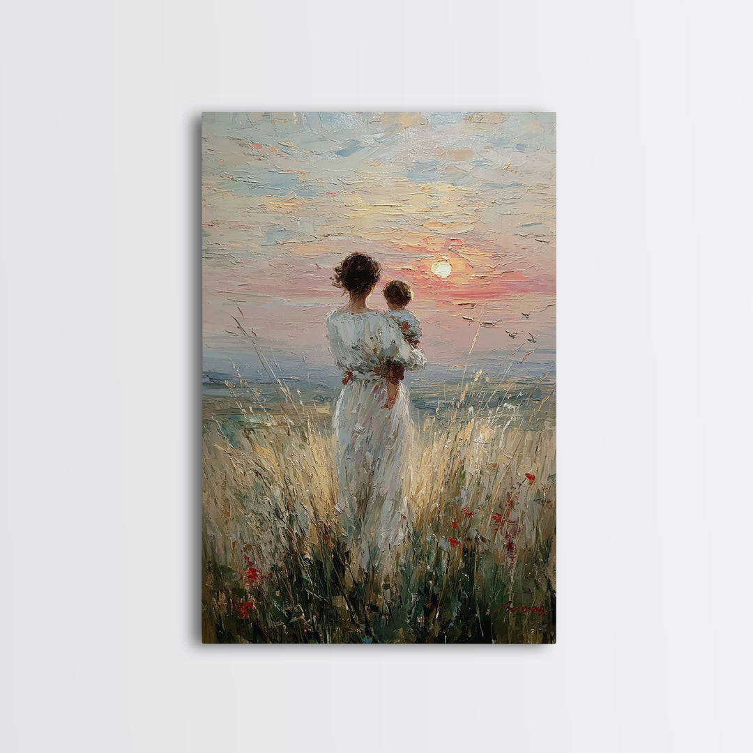 Mother And Child By The Sea Framed Canvas Print, Coastal Meadow Oil Painting, Feminine Wall Decor, Gift For Mom, Nursery Wall Art