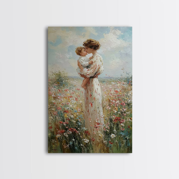Mother Kissing Baby In Wildflower Field Canvas Print, Impressionist Floral Wall Art, Nursery Decor, Gift For Her, Mothers Day Gift