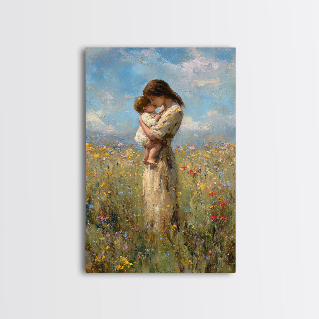 Tender Mother And Baby Wildflower Meadow Wall Art, Impressionist Oil Painting, Feminine Nursery Decor, Gift For Mom, Bedroom Decor