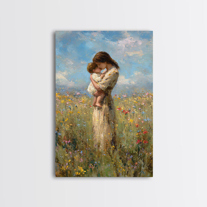 Tender Mother And Baby Wildflower Meadow Wall Art, Impressionist Oil Painting, Feminine Nursery Decor, Gift For Mom, Bedroom Decor