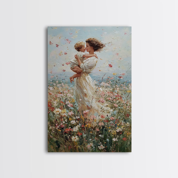 Windblown Mother And Baby Floral Meadow Framed Canvas Print, Coastal Impressionist Wall Art, Nursery Decor, Gift For Mom
