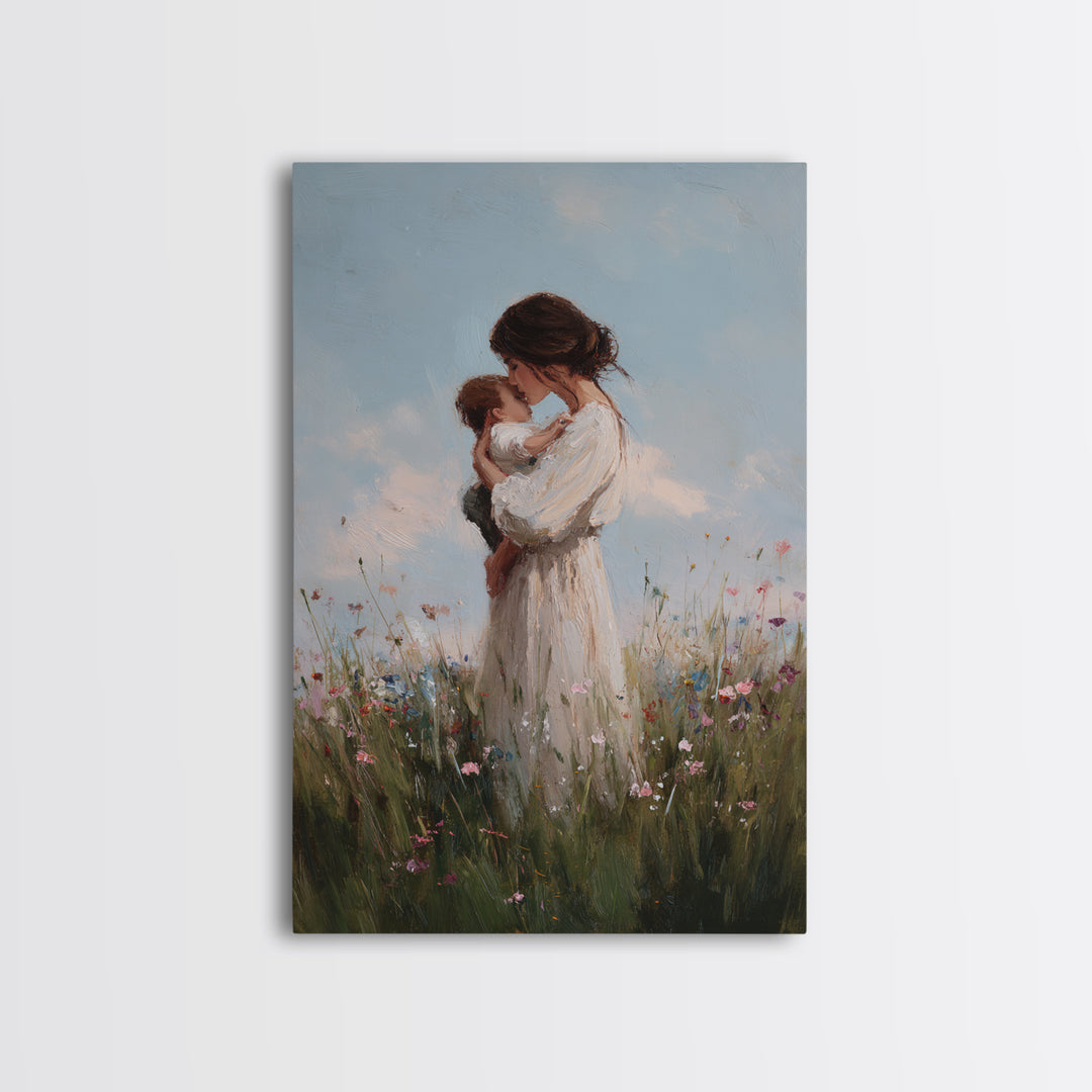 Mother Cuddling Baby In Soft Meadow Framed Canvas Print, Minimalist Floral Wall Art, Calming Nursery Decor, Gift For Mom