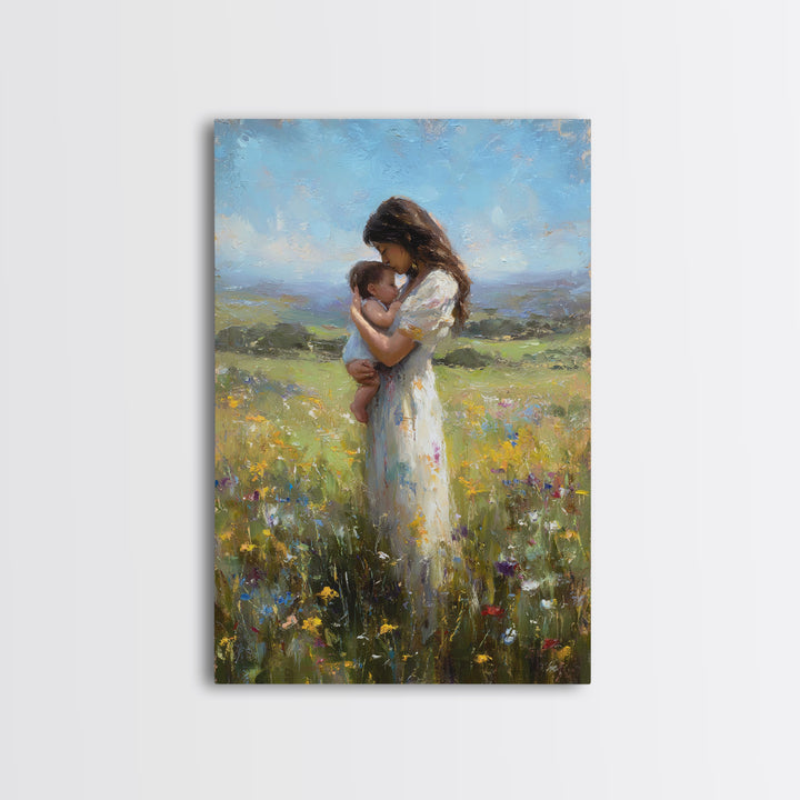 Mother And Baby In Rolling Hills Meadow Canvas Print, Impressionist Landscape Wall Art, Floral Nursery Decor, Gift For Mom