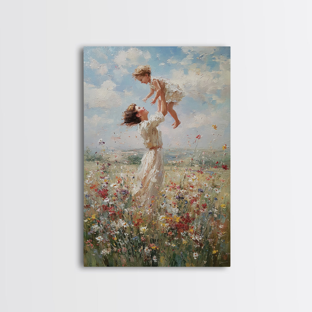 Mother Lifting Child Above Wildflower Meadow Wall Art, Joyful Impressionist Oil Painting Print, Nursery Decor, Gift For Mom