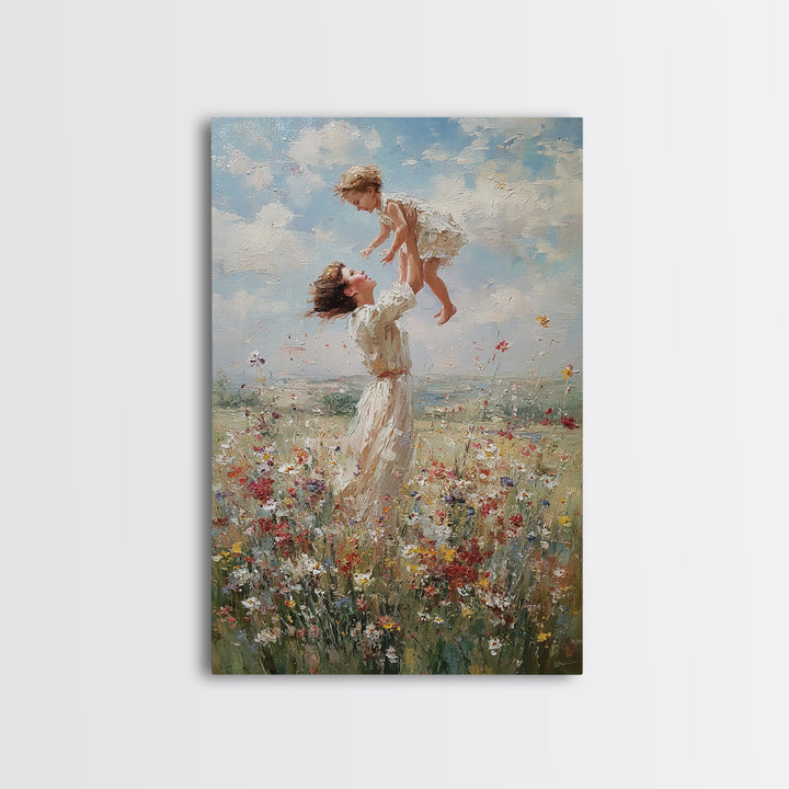 Mother Lifting Child Above Wildflower Meadow Wall Art, Joyful Impressionist Oil Painting Print, Nursery Decor, Gift For Mom