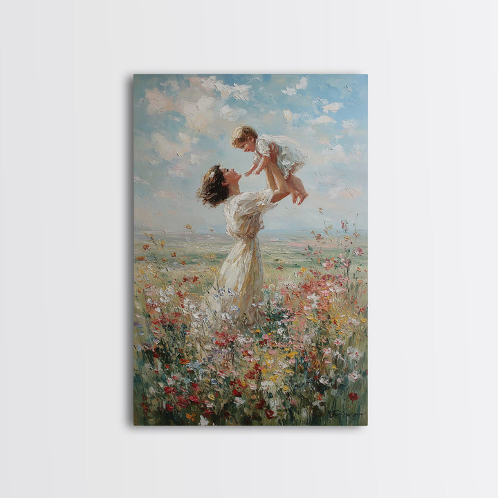 Mother Lifting Baby In Soft Wildflower Meadow Wall Art, Impressionist Oil Painting, Nursery Decor, Mothers Day Gift For Mom