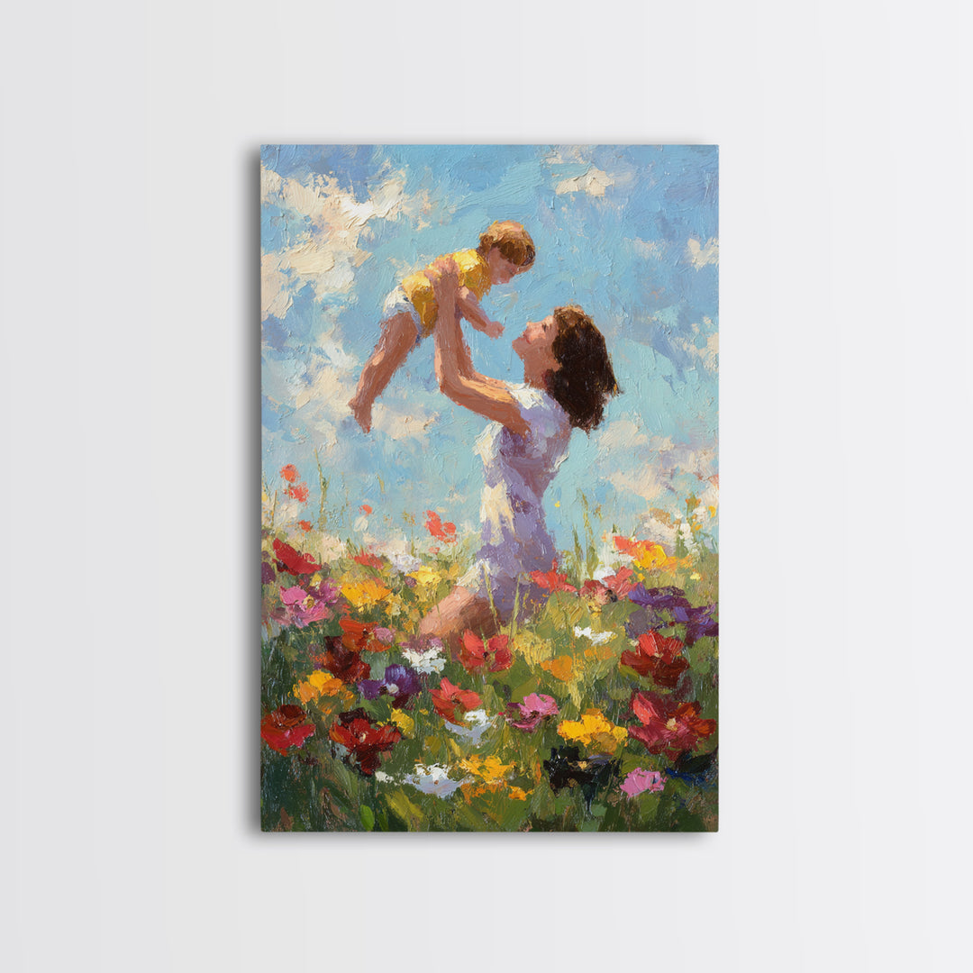 Kneeling Mother Lifting Baby Among Poppies Canvas Print, Impressionist Floral Wall Art, Nursery Decor, Mothers Day Gift For Mom