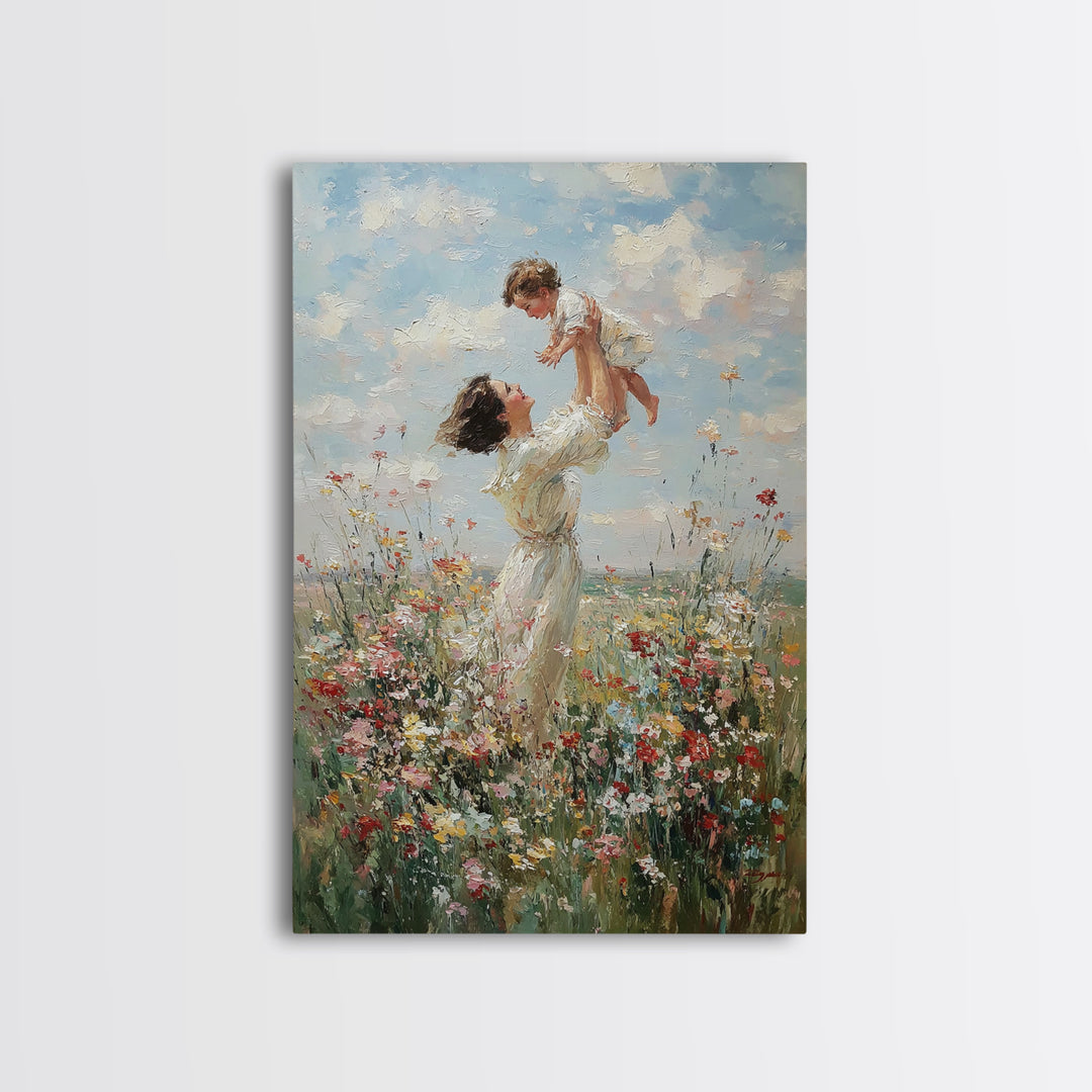 Airy Mother And Toddler In Wild Meadow Framed Canvas Print, Impressionist Wall Art, Living Room Decor, Mothers Day Gift For Mom