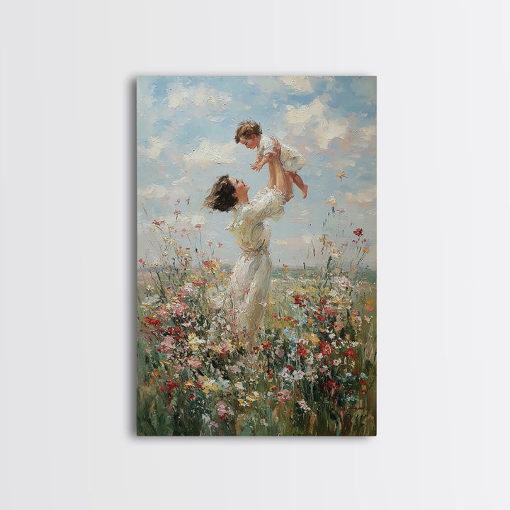 Airy Mother And Toddler In Wild Meadow Framed Canvas Print, Impressionist Wall Art, Living Room Decor, Mothers Day Gift For Mom