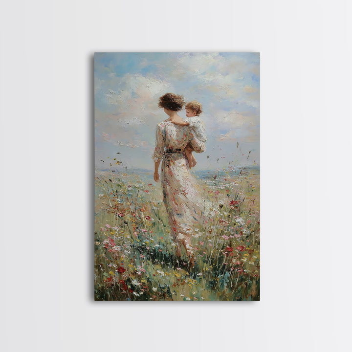 Mother And Child Walking Through Wildflower Meadow Canvas Print, Impressionist Wall Art, Nursery Decor, Mothers Day Gift