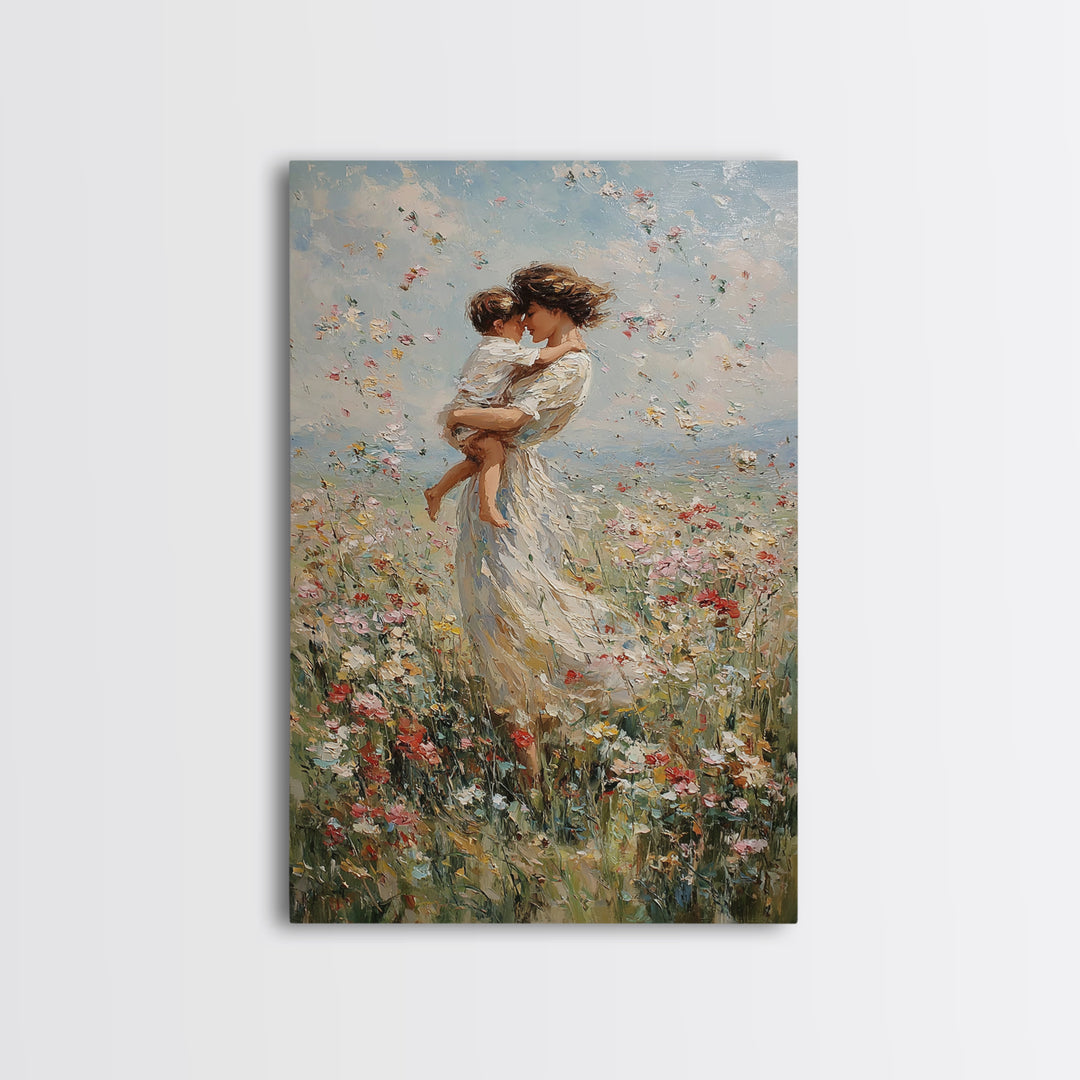 Mother Embracing Baby In Windblown Flower Meadow Framed Canvas Print, Impressionist Floral Wall Art, Nursery Decor, Mothers Day Gift For Mom