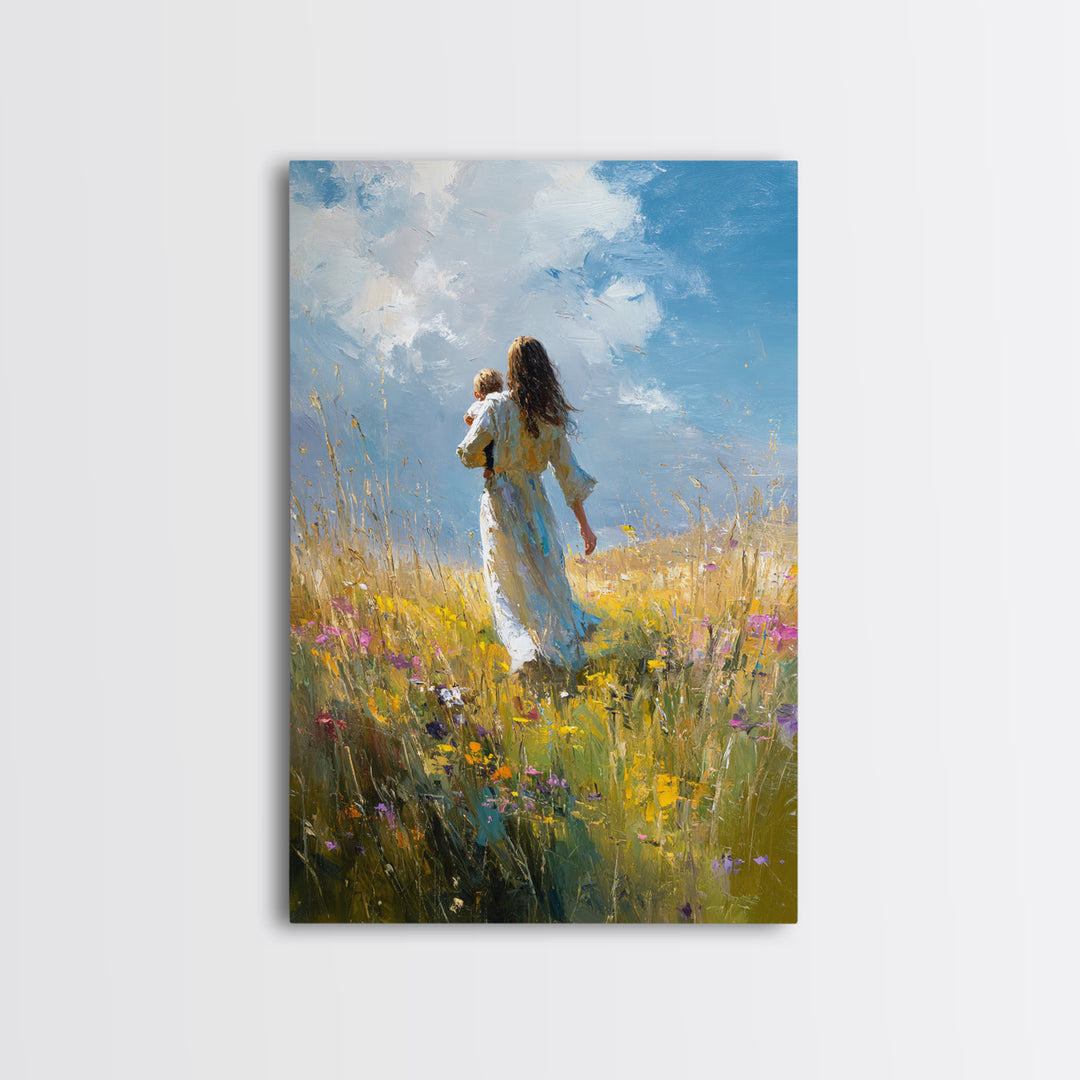 Mother Carrying Child Through Sunny Meadow Canvas Print, Impressionist Landscape Wall Art, Nursery Decor, Mothers Day Gift For Mom
