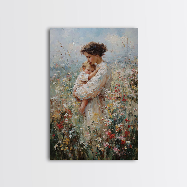 Tender Mother Cuddling Baby In Wildflowers Framed Canvas Print, Impressionist Floral Wall Art, Nursery Decor, Mothers Day Gift For Mom