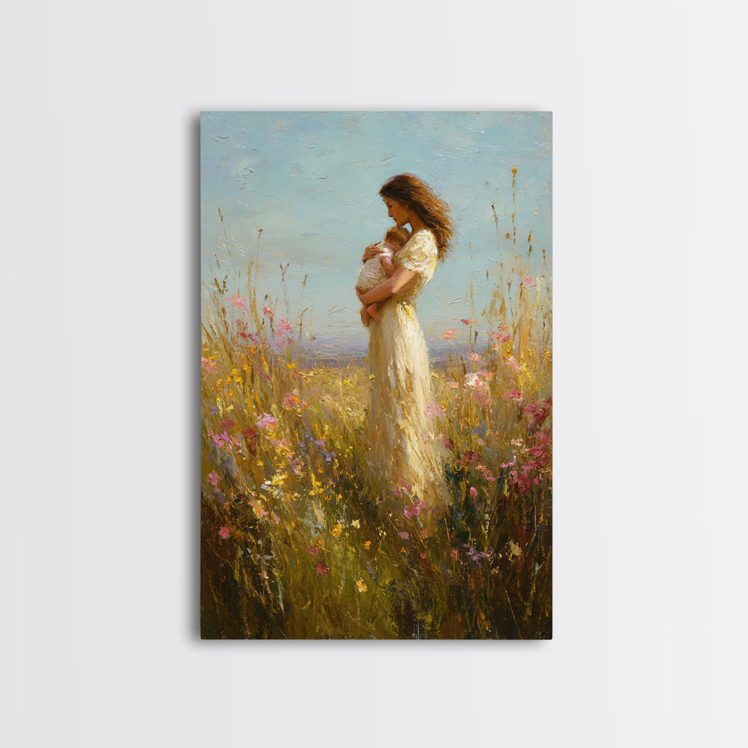 Mother Holding Baby In Wildflower Meadow Wall Art, Impressionist Oil Painting, Feminine Nursery Decor, Gift For Mom, Home Decor