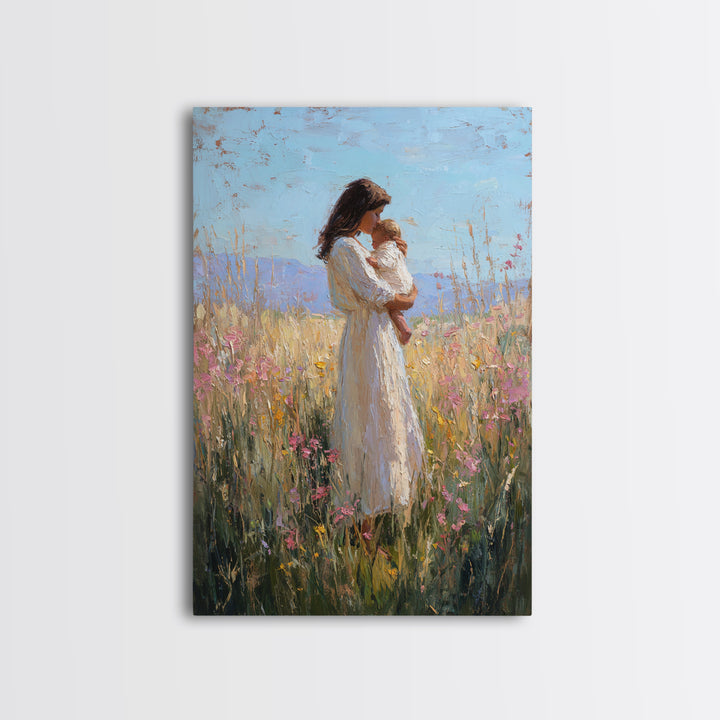 Mother And Baby In Sunlit Wildflower Field Framed Canvas Print, Impressionist Painting, Nursery Wall Art, Gift For Mom, Decor