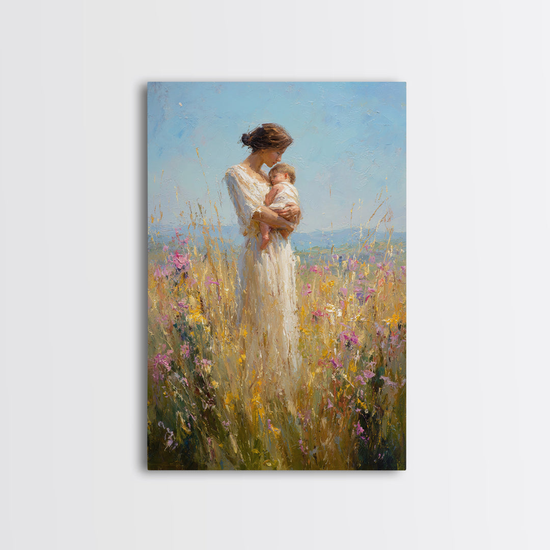 Mother Cradling Baby In Golden Wildflower Meadow Canvas Print, Impressionist Oil Painting, Feminine Wall Art, Gift For Mom
