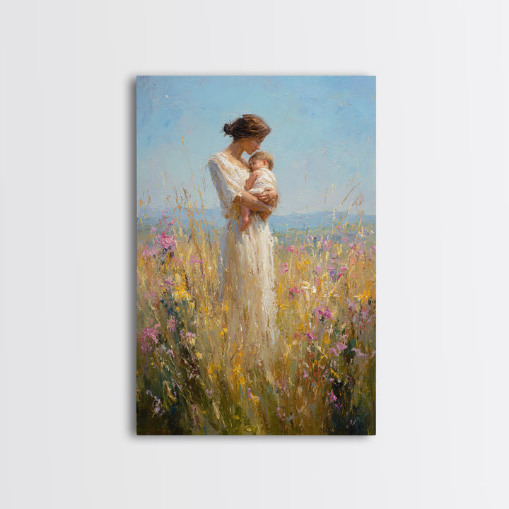 Mother Cradling Baby In Golden Wildflower Meadow Canvas Print, Impressionist Oil Painting, Feminine Wall Art, Gift For Mom