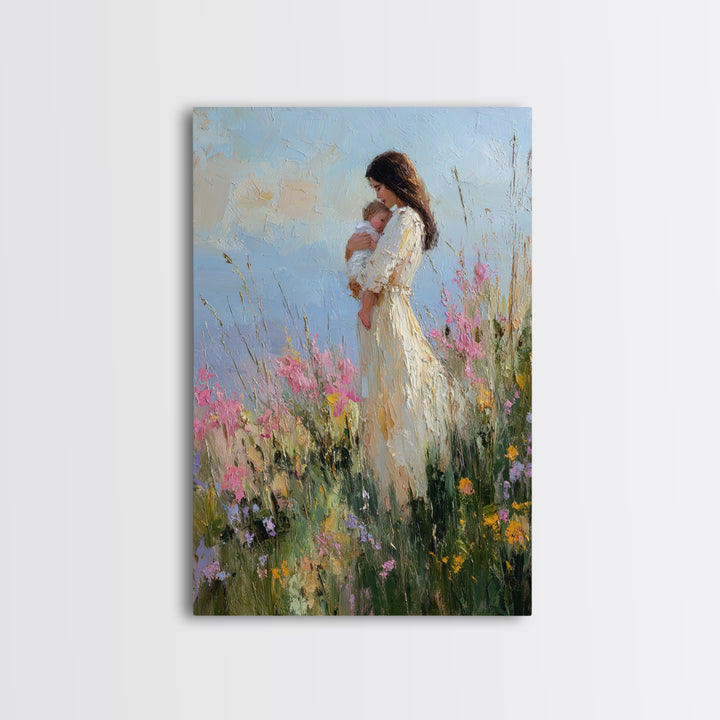 Mother And Newborn In Pink Wildflower Garden Wall Art, Impressionist Oil Painting, Feminine Nursery Decor, Gift For Mom, Home Decor