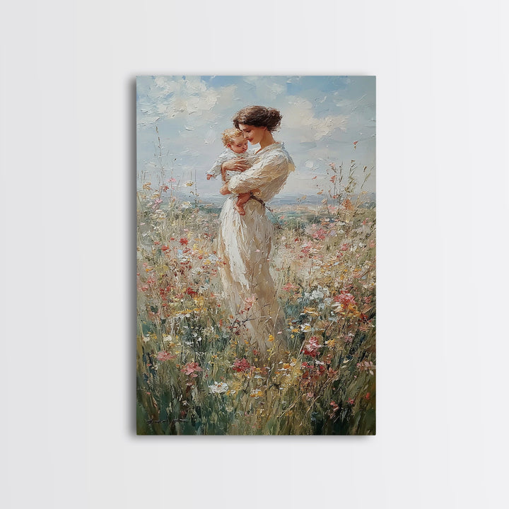 Mother And Baby Among Daisies And Wildflowers Framed Canvas Print, Impressionist Painting, Nursery Wall Art, Gift For Mom