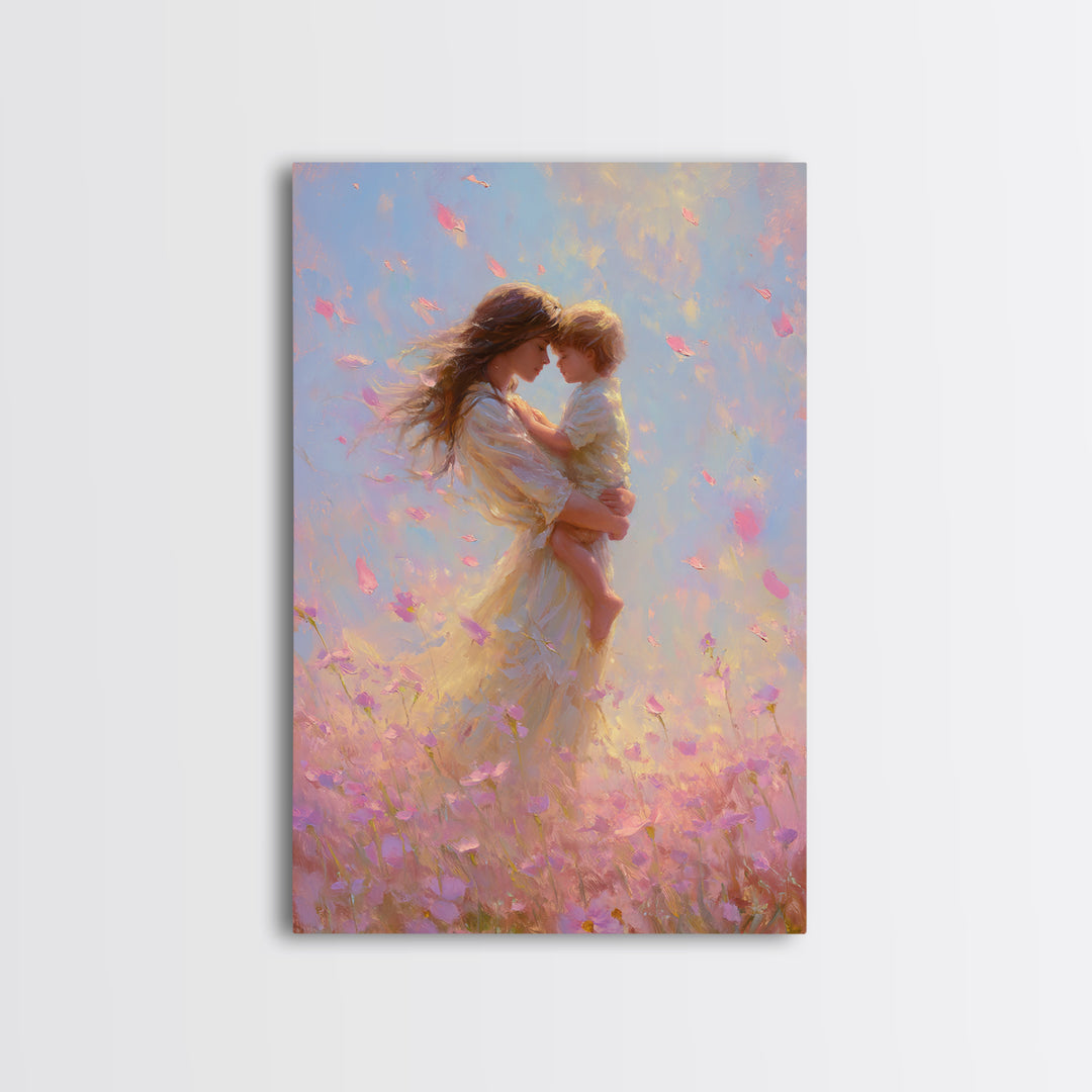 Mother Holding Child In Pink Petal Meadow Framed Canvas Print, Dreamy Impressionist Painting, Feminine Wall Art, Gift For Mom