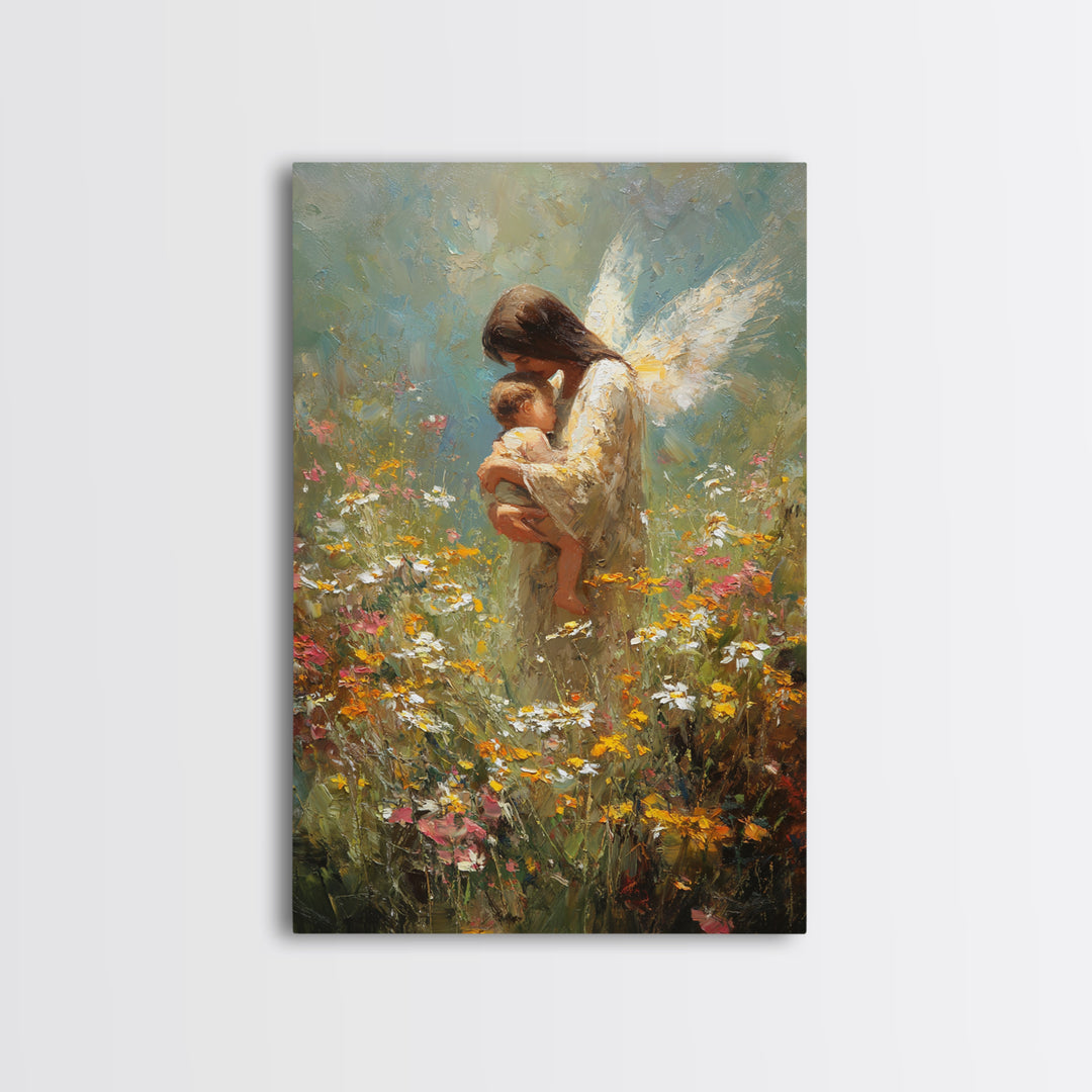 Angel Mother Holding Baby In Wildflower Meadow Framed Canvas Print, Guardian Angel Nursery Art, Spiritual Gift For Mom, Home Decor