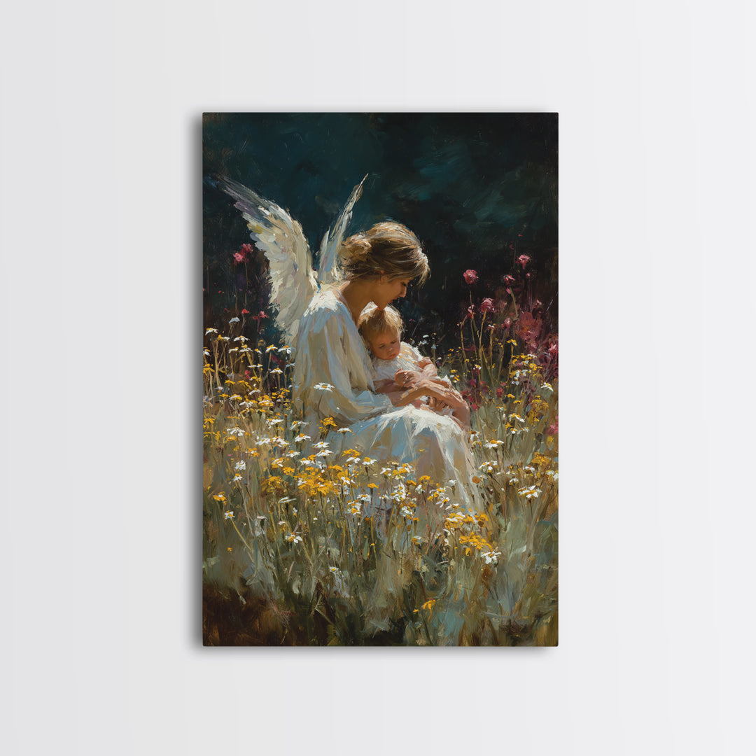 Seated Guardian Angel With Baby In Daisy Meadow Canvas Print, Spiritual Nursery Wall Art, Gift For Her, Moody Home Decor