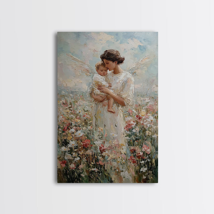 Tender Angel Mother And Baby In Flower Field Framed Canvas Print, Spiritual Wall Art, Nursery Decor, Gift For Mom, Fine Art Print