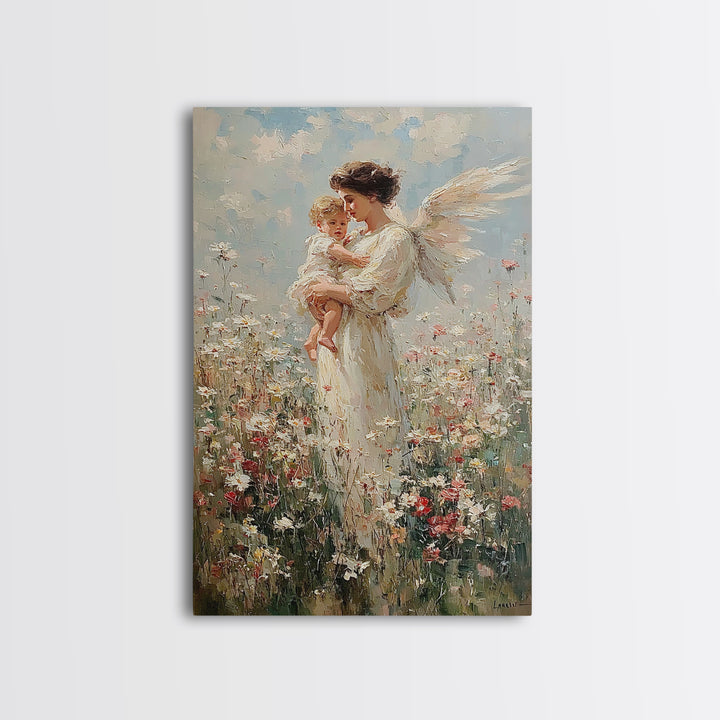 Standing Guardian Angel Holding Baby In Wildflower Field Canvas Print, Spiritual Wall Art, Nursery Decor, Gift For Mom, Home Decor