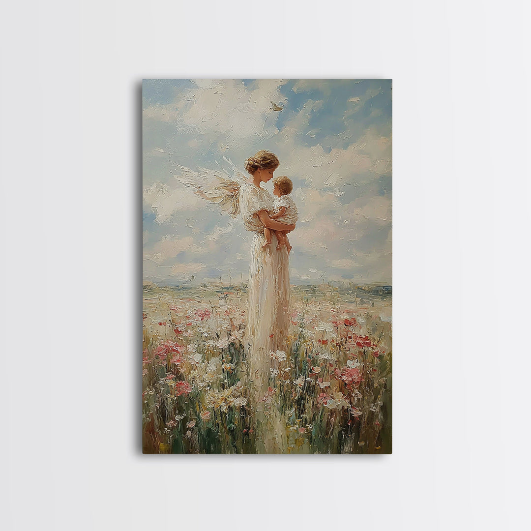 White Winged Angel Cradling Baby In Sunny Meadow Wall Art, Christian Nursery Decor, Spiritual Gift For Mom, Fine Art Print