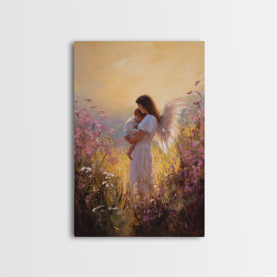 Sunset Angel Mother Holding Baby Among Purple Wildflowers Canvas Print, Spiritual Wall Art, Gift For Mom, Nursery Home Decor